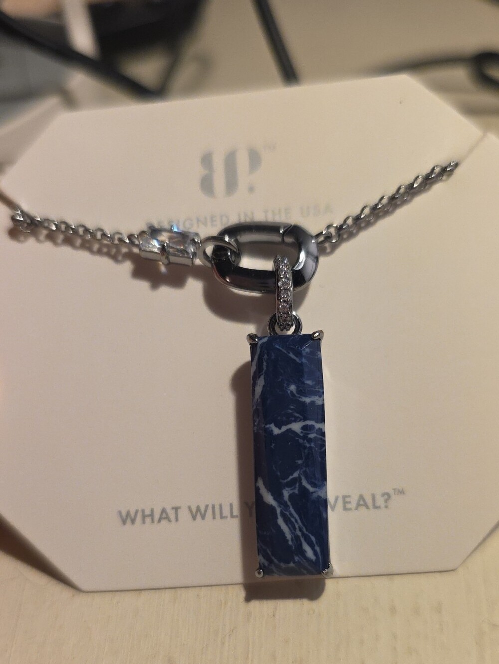 Navy Marble Bar Pendant Necklace with Silver Chain